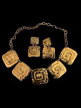 Gold Textured Square Statement Necklace and Earring (clip) Set